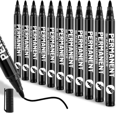 Ynkkvre - Set van 12 Permanente Markers – Watervaste Snel Droog Acrylaat Stiften – Zwart 1-2 mm – Veegvast en Duurzaam – Voor Karton, Keramiek, Glas, Hout en Metaal