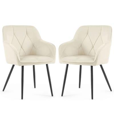Set van 2 Eetkamerstoelen DIAMANTE met Armleuningen / Gestoffeerde Stoelen / Fluwelen Stoelen en Metalen Poten / Crème kleur met zwarte benen