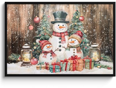 Poster in lijst - Fotolijst 120x80 cm - Posters - Sneeuwpop - Familie - Kleurrijk - Posterlijst zwart - Decoratie - Wanddecoratie woonkamer - Muurdecoratie slaapkamer
