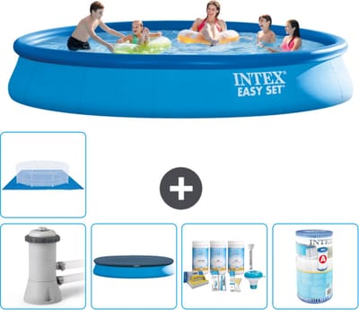 Intex Rond Opblaasbaar Easy Set Zwembad - 457 x 84 cm - Blauw - Inclusief Pomp - Afdekzeil - Onderhoudspakket - Filter - Grondzeil - 6-delig
