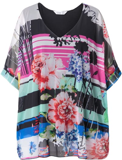 MIAMODA - Dames - Mesh blouse oversized all-over print ondoorzichtige jersey top - Zwart - Maat 42+