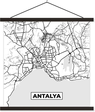 Posterhanger incl. Poster 60x60 cm - Schoolplaat - Antalya - Stadskaart - Plattegrond - Zwart Wit - Kaart - Textielposter - Zwarte latten - Stadskaart