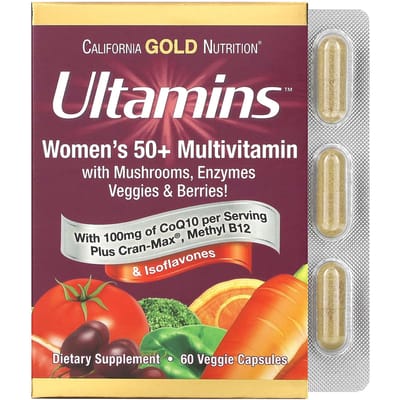 California Gold Nutrition, Ultamins Multivitamine voor Vrouwen Boven de 50 met CoQ10, Bevat Paddestoelen, Enzymen, Groenten en Bessen, 60 Veggie Capsules