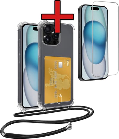 Hoesje Geschikt voor iPhone 15 Pro Hoesje Met Telefoonkoord en Pasjeshouder Met Screenprotector Siliconen - Hoes Geschikt voor iPhone 15 Pro Hoesje Met Kaarthouder Shock Proof Case - Transparant