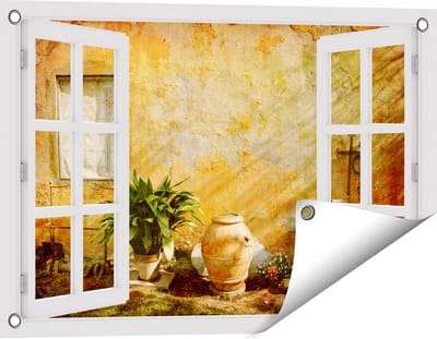 Gards Tuinposter Doorkijk Oude Stenen Muur - 60x40 cm - Tuindoek - Tuindecoratie - Wanddecoratie buiten - Tuinschilderij