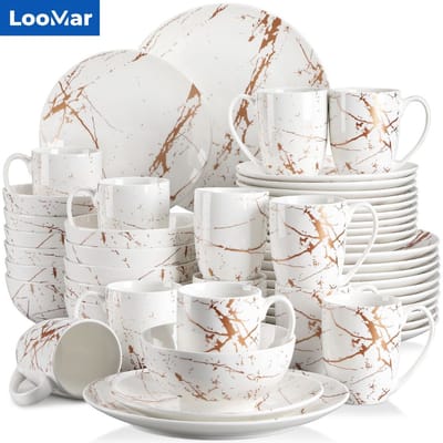 LooMar Luxe Serviesset – 48 delig – 12 persoons – Porselein - Bordenset – Dinner platen – Dessertborden - Kommen - Mokken - Set - Wit - Goud