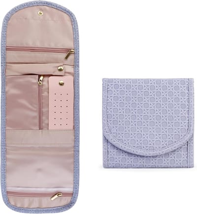 Famanu - Kunstlederen sieradenrol, compacte reis-sieradenorganizer met oorbelstandaard en ringhouder, opvouwbaar sieradentas, sieradenopslag voor ringen, oorbellen, halskettingen, armbanden (paars)