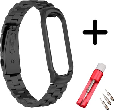 Strap-it bandje staal zwart + toolkit - geschikt voor Xiaomi Mi Band 5 / Mi Band 6