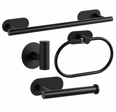 Beliora Badkamer Accessoires Set 4-delig – Handdoekrek, Handdoekring, Toiletrolhouder en Handdoekhaak – Mat Zwart – RVS 304 – Roestvrij