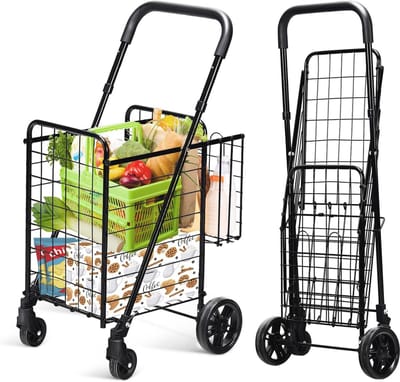 Opvouwbare winkelwagen - Dubbele mand - Boodschappen vervoeren - 360 graden wielen - 118 liter - Zwart