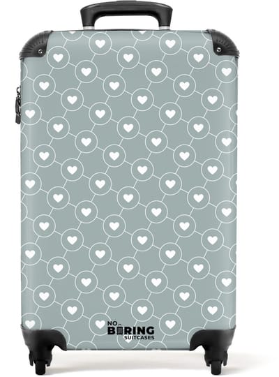 NoBoringSuitcases.com - Koffer dames - Grijsgroene achtergrond met witte hartjes - Past binnen 55x40x20 cm en 55x35x25 cm - Trolley handbagage vrouwen - Valiezen met wieltjes volwassenen - Reiskoffer op wielen - Rolkoffer lichtgewicht