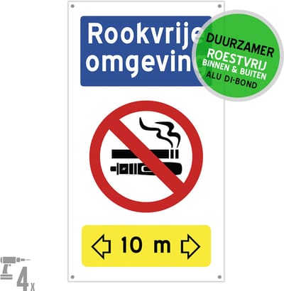 Pictogram/ bord XL Dibond + boorgaten | "Rookvrije omgeving" <- 10 meter -> | 27 x 50 cm | Rookverbod | Verboden te roken en te vapen | Vape | Duurzaam | Roestvrij | 1 stuk