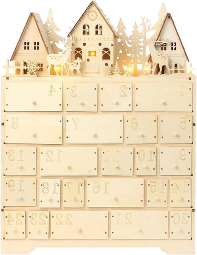 Kerst Adventskalender - Houten Kalender - Dagen Aftellen - Met Ledverlichting - 24 Laden - Houtkleur