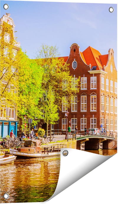 Gards Tuinposter Amsterdamse Gracht tijdens Zonsondergang - 40x60 cm - Tuindoek - Tuindecoratie - Wanddecoratie buiten - Tuinschilderij
