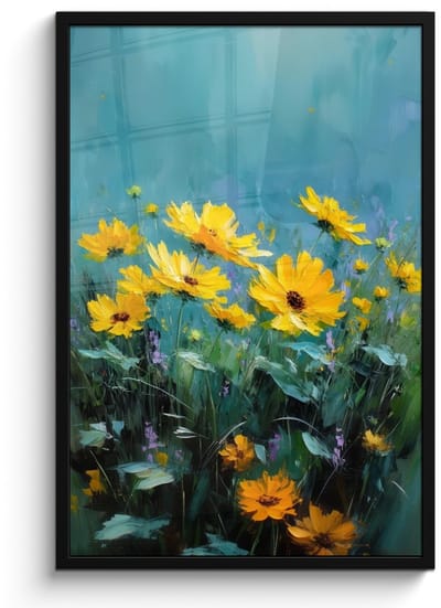 Poster in lijst - Fotolijst 60x90 cm - Posters - Penseelstreken - Bloemen - Felgeel - Abstract - Posterlijst zwart - Decoratie - Wanddecoratie woonkamer - Muurdecoratie slaapkamer