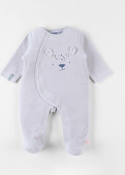 Noukie's - Pyjama - Velour - Unie - Lichtgrijst - Beertje - 12 maand 80