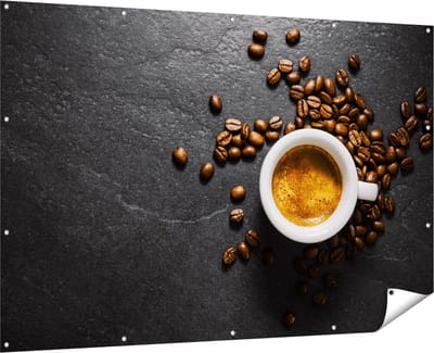 Gards Tuinposter Kopje Koffie met Koffiebonen - 180x120 cm - Tuindoek - Tuindecoratie - Wanddecoratie buiten - Tuinschilderij