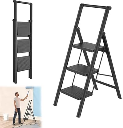 Inklapbare trapladder - Huishoudtrap opstapje - Veilig klussen thuis - Extra brede antislip pedalen - 250 kg draagvermogen - Zwart