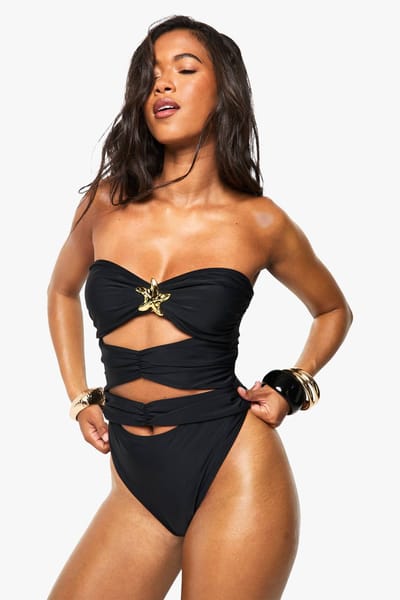 boohoo Dames Starfish Bandeau Cutout Badpak | Zwart | Maat: 38