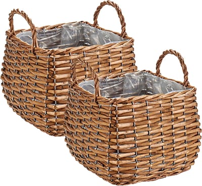 Set van 2x stuks plantenbak manden gevlochten riet met binnenmand 23 x 23 x 15 cm - Voor binnen/buiten