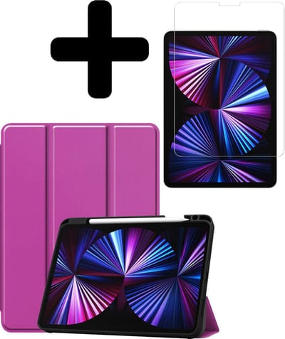 Hoesje - Geschikt voor Apple iPad Pro (2021) - 11 inch - 3e generatie - Met Screenprotector - Trifold Bookcase Hoes - Hard Cover Case - Met Uitsparing Geschikt voor Apple Pencil - Hardcover Book - Tablethoes - Paars