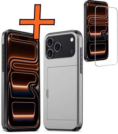 Hoesje Geschikt voor iPhone 17 Pro Hoesje Pasjeshouder Shockproof Hard Case Met Screenprotector - Hoesje Geschikt voor iPhone 17 Pro Hoes Met Kaarthouder - Grijs