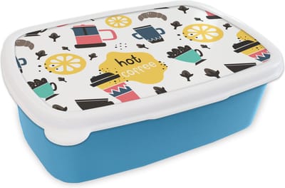 Broodtrommel Blauw - Lunchbox - Brooddoos - Patronen - Koffie - Ontbijt - Croissant - 18x12x6 cm - Kinderen - Jongen