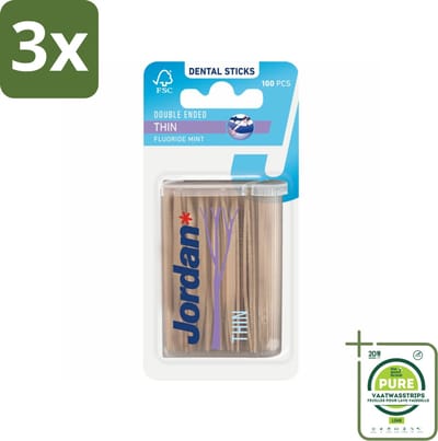 3 x Jordan Tandenstokers Double Ended Thin 100 stuks per verpakking - Grootverpakking - Tandenstokers - Dubbelzijdige Tandenstokers - Interdentale Reiniging - Tandplak Verwijderen - Fluoride