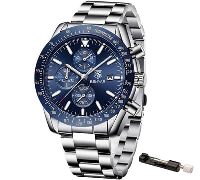 Stalen Heren Horloge - Chronograaf - Polshorloge - Verstel Tool - Blauw