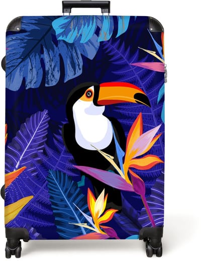 NoBoringSuitcases.com® - Koffer groot - Reiskoffer lichtgewicht - Jungle - Toekan - Bloemen - Planten - Kinderen - Paars - Dieren - Rolkoffer met 4 wielen - Grote trolley XL - 98 liter bagage