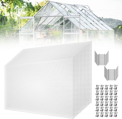 Froadp 28 Stuks Polycarbonaat Platen (20,5 m簡) - 605x1210x4mm Dubbelwandig UV-bestendig Kasplaten Set met Klemmen & Z-Clips