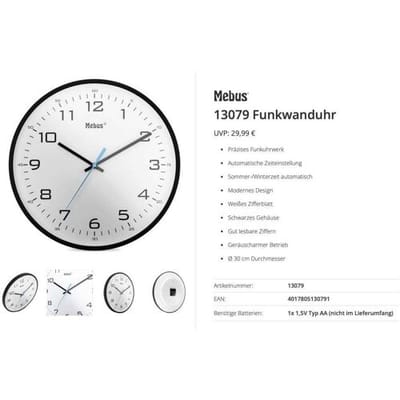 Mebus 13079 Zendgestuurde klok Zendergestuurd 30 cm Zwart Slepend uurwerk (geluidsloos)