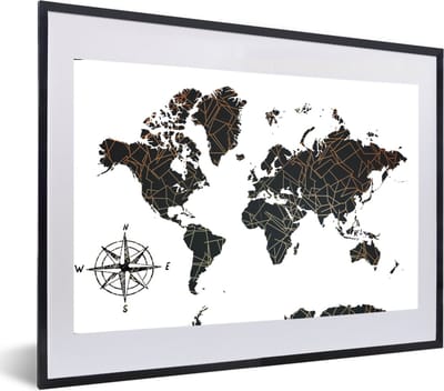 Poster in lijst - Fotolijst 60x40 cm - Posters - Wereldkaart - Zwart - Wit - Koper - Posterlijst zwart - Decoratie - Wanddecoratie woonkamer - Muurdecoratie slaapkamer