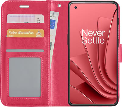 Hoesje - Met Pasjeshouder - Geschikt voor OnePlus 10 Pro - Luxe Bookcase Portemonee - Flip Case - Kunstleer Book Case - Flipcase - Book Cover - Walletcase - Portemonneehoes - Donkerroze