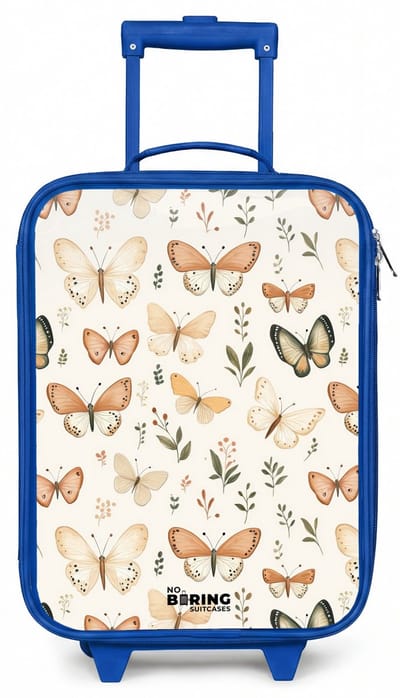 NoBoringSuitcases.com® - Kinderkoffer blauw - Kindertrolley jongen - Vlinders in beige en oranjetinten tussen groene blaadjes - Koffer kind lichtgewicht - Reiskoffer trolley voor kinderen - Koffertje met lichtgevende wieltjes - Rolkoffer