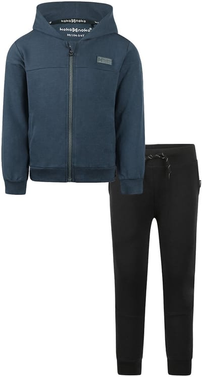Koko Noko - Basic collection - Biologisch katoen - Kledingset - Joggingbroek Zwart - Sweater Hoody met rits Blauw - Maat 92