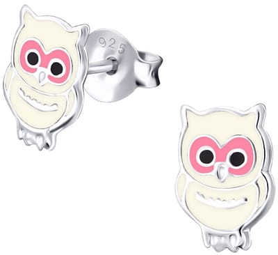 Joy|S - Zilveren uil oorbellen - 6 x 8 mm - roze met wit - oorknoppen voor kinderen