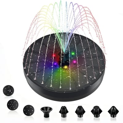 longziming Solar Fontein Vogelbadpomp - 3W - 7 sproeiers - Zonne-energieopslagfontein - 900mAh accu en LED-verlichting - Voor Vijver, Zwembad en Tuin Decoratie, Ø16cm - zwart
