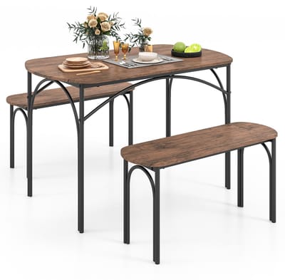 COSTWAY Eettafelset 3-delig, keukentafel met 2 banken, eetgroep voor 4 personen, industriële zitgroep, eetkamertafel, metalen frame, bartafelset voor keuken en eetkamer, vintage bruin