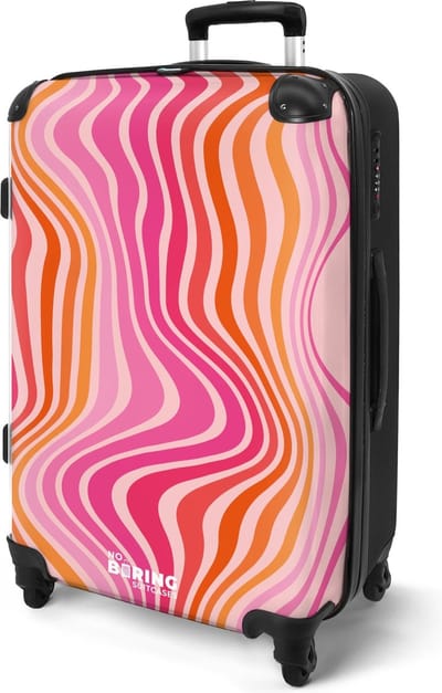 NoBoringSuitcases.com® - Koffer groot - Rolkoffer lichtgewicht - Reiskoffer met 4 wielen volwassenen - Roze oranje golvende lijnen - Travel luggage suitcase - Vakantie - Valies grote trolley XL - 20 kg bagage