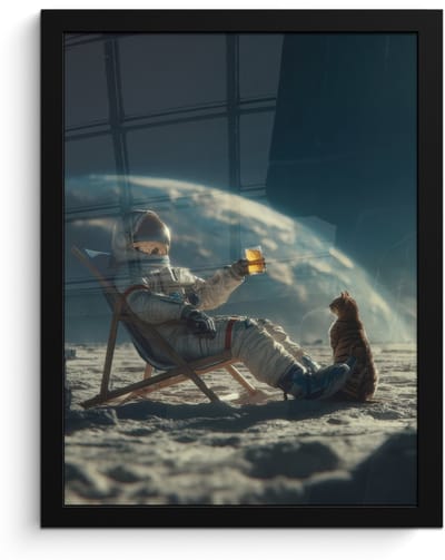 Poster in lijst - Fotolijst 30x40 cm - Posters - Astronaut - Kat - Glas - Stoel - Posterlijst zwart - Decoratie - Wanddecoratie woonkamer - Muurdecoratie slaapkamer