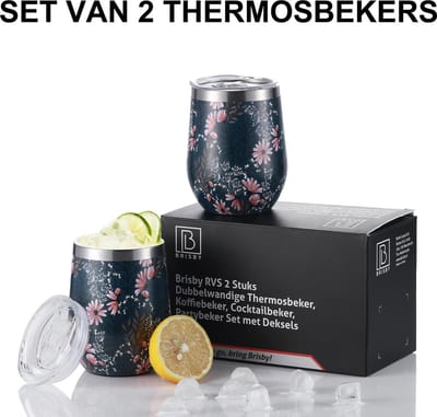 Brisby RVS 2 Stuks Dubbelwandige Design Thermosbeker, Partybeker Set met Deksels – Japanese Flower