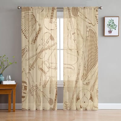 Retro Schets Muziekinstrumenten Chiffon Doorzichtige Gordijnen voor Woonkamer Slaapkamer Raamgordijn Voiles Tule Cortinas 135W x 114H(cm) beige