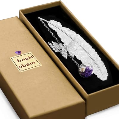 Unieke metalen boekenlegger met geschenkdoos, zilveren veer, 3D vlinder en glazen kralen - Perfect voor vrouwen, leraren en boekenliefhebbers