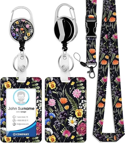 Travel Cords - Pashouder Set Bloemen Zwart - 4-delig - badgehouder - pashouder - keycord - telefooncord - passen, sleutels en telefoon - liftpas