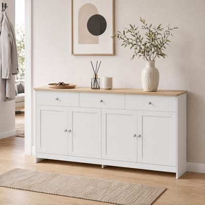 Opbergkast 160cm wit met eiken blad, landelijke stijl, 4 deuren en 3 laden