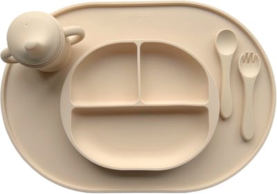 4-delig Servies set – Kraamcadeau – Siliconen - Kinderservies - Beige
