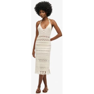 Superdry Gehaakte Midi-jurk met Kwastjes White Grootte: 44