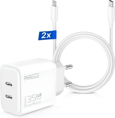 Oplader 35w usb-C 2 poorten + Lightning usb C kabel 3 meter - Snellader / USB-C oplader / Oplaadadapter geschikt voor iPhone 14 / iPhone 13 / iPhone 12