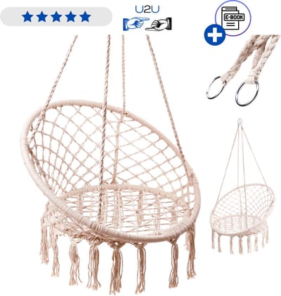 Nestschommel 80 cm - stork nest schommel met rugleuning - hangstoel voor binnen en buiten - stevige touwen en metalen frame - schommel voor kinderen en volwassenen tot 150 kg - tuin schommel stoel relax hangstoel ecru kleur Met Ebook